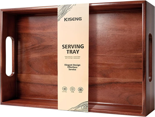 Acacia Wood Serving Tray with Handles, 17 X 12 Inch Large Wooden Tray for Food & Drinks, Coffee Table, Ottoman, Breakfast in Bed – Includes Free Leather Mat