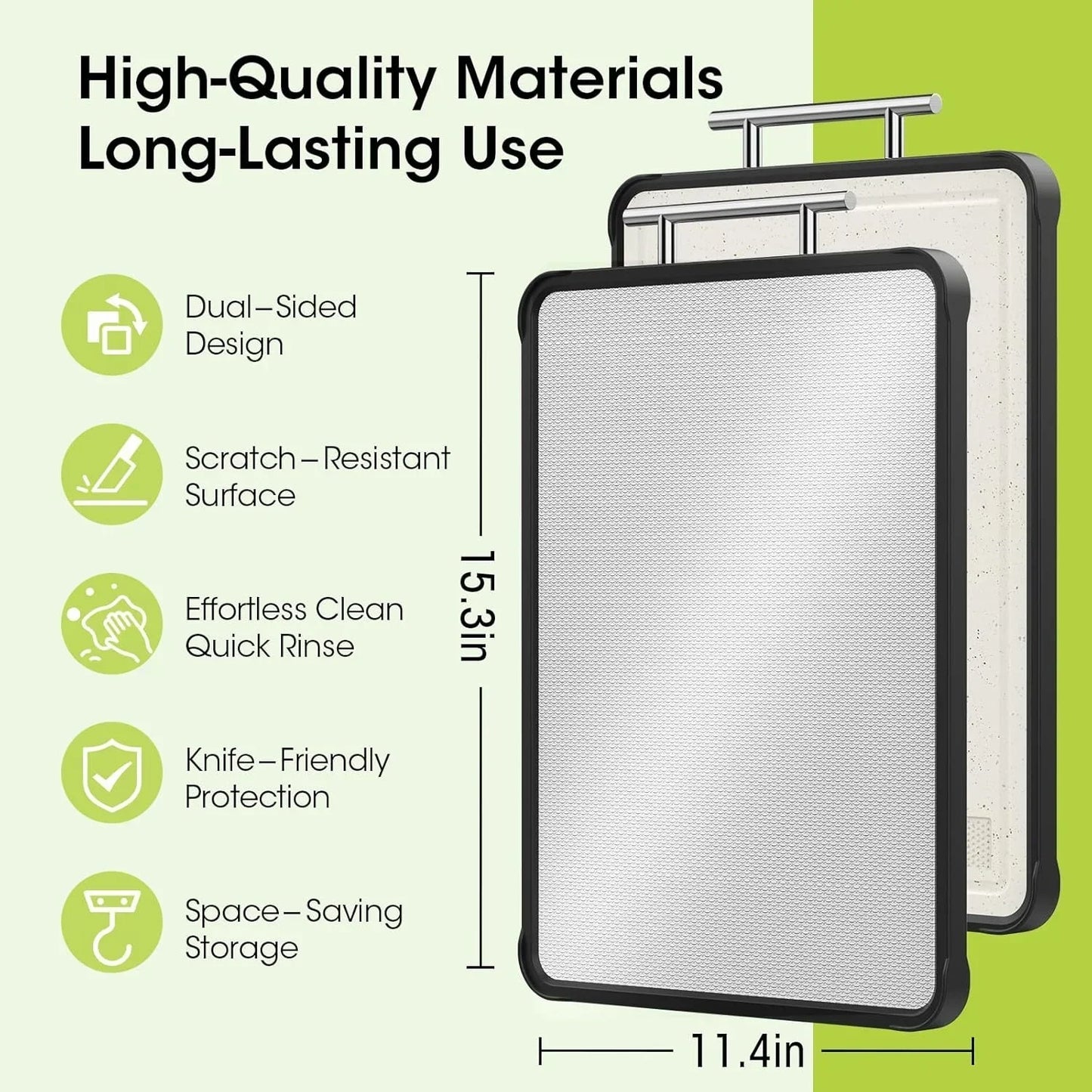 Dual-sided scratch-resistant cutting board with handle, 15.3 x 11.4 inches, space-saving kitchen storage