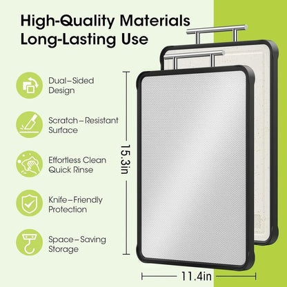 Dual-sided scratch-resistant cutting board with handle, 15.3 x 11.4 inches, space-saving kitchen storage