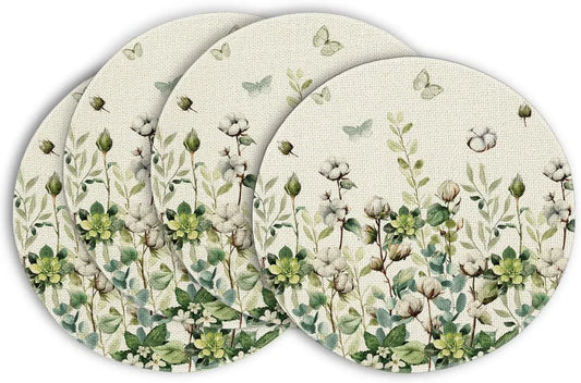 Cotton Plant Leaf Butterfly round Spring Placemats Set of 4, 14 Inch Summer round Table Mats for Dining Decoration
