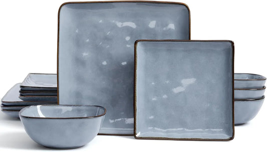 Dinnerware Sets for 4, Ocean Square 12-Piece Kitchen Plates and Bowls Sets, Reactive Glaze, Microwave and Dishwasher Safe, Scratch Resistant, Blue
