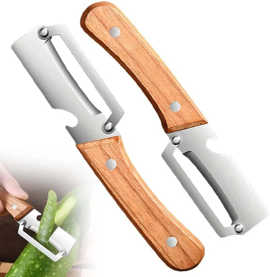 Wood-handled vegetable peeler with stainless steel blade, ideal for kitchen prep and cooking tasks.