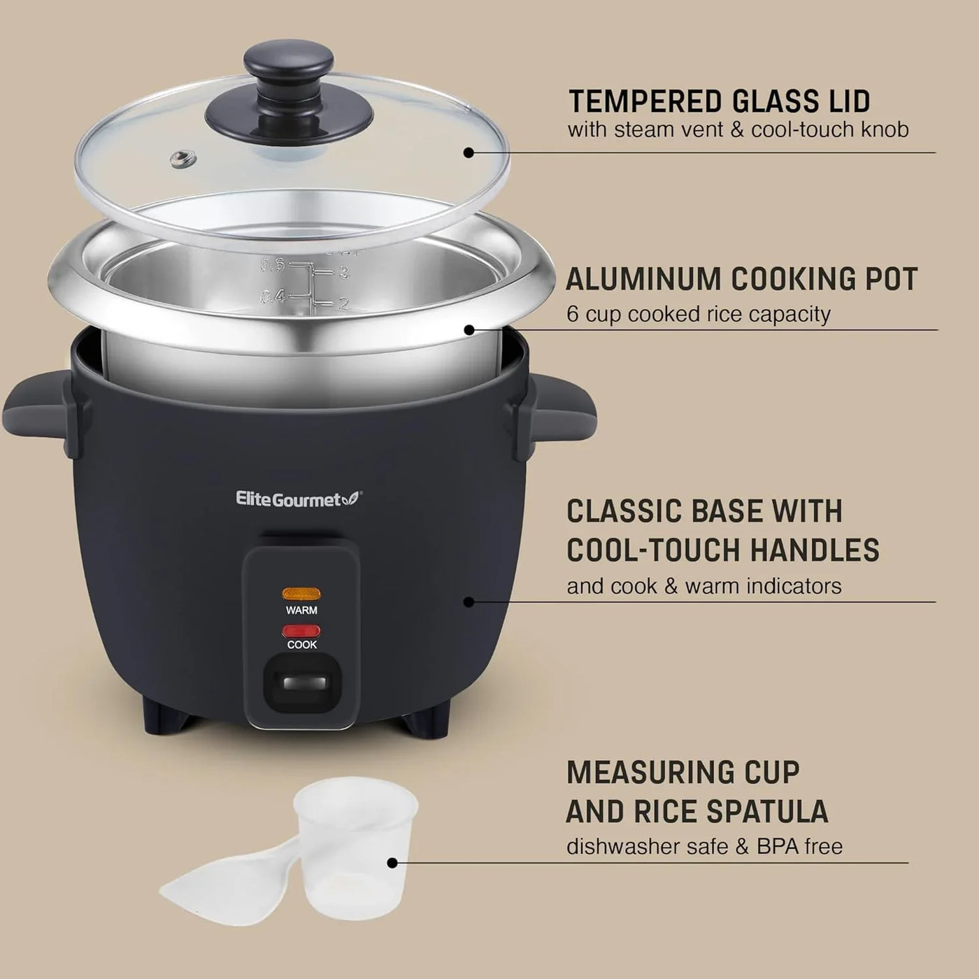 ERC003BX Electric Rice Cooker with Automatic Keep Warm Makes Soups, Stews, Grains, Hot Cereals, 6 Cups Cooked (3 Cups Uncooked), Black