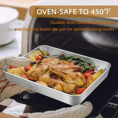 Baking Pans Set of 3, Stainless Steel Sheet Cake Pan for Oven - 12.5/10.5/9.4Inch, Rectangle Bakeware Set for Cake Lasagna Brownie Casserole Cookie, Non-Toxic & Healthy, Dishwasher Safe