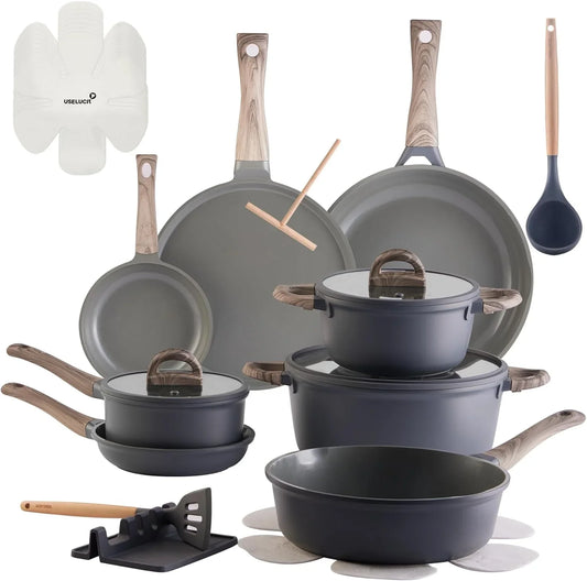 22Pcs Pots and Pans Set Non Stick Non-Toxic Ceramic Cookware Sets Nonstick Kitchen Pot and Pan Set with Lid Gray Granite Induction Compatible with Glass Lids 10" Griddles Frying Pan Pfoa/Pfos-Free