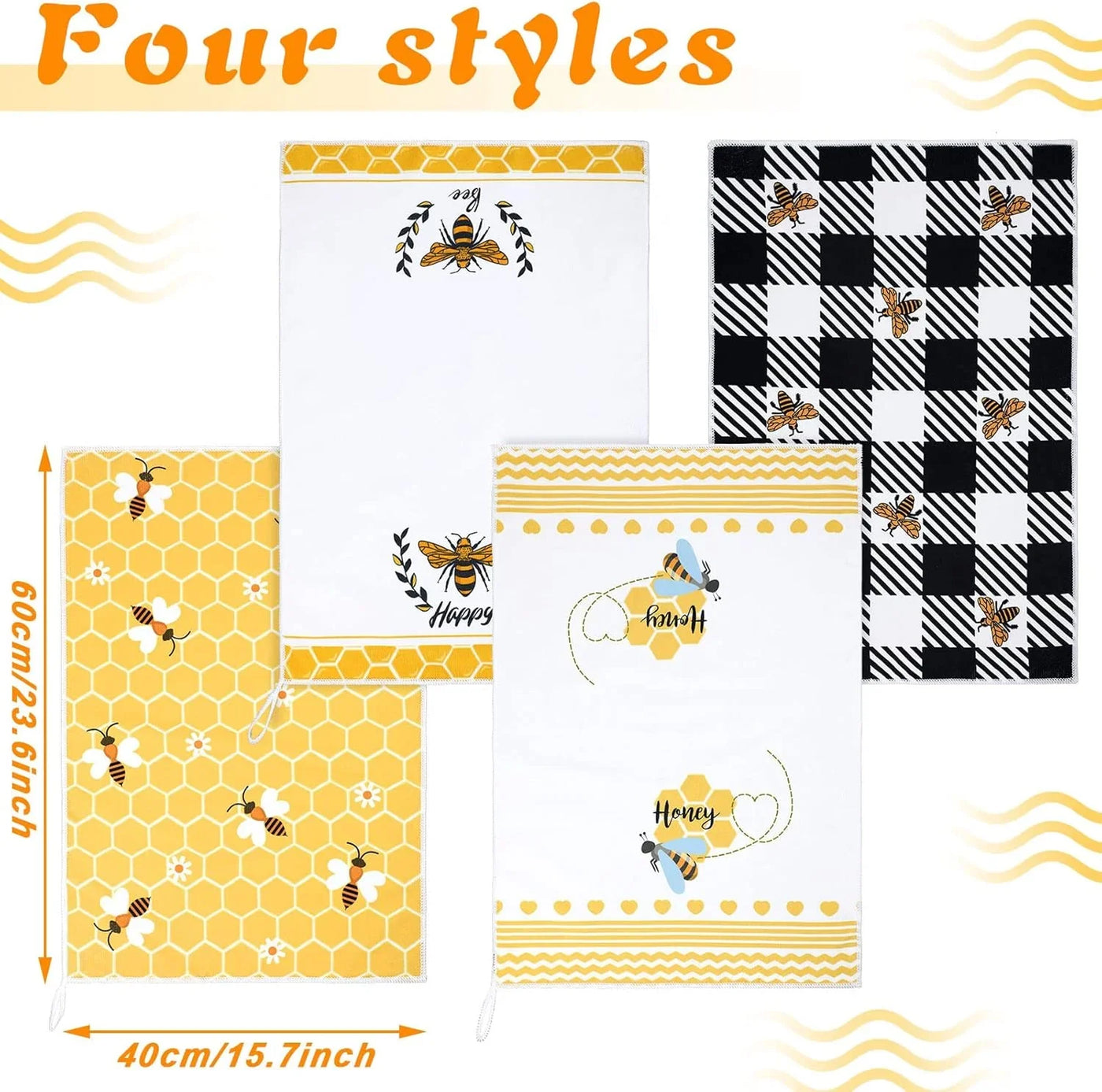 4 Pcs Bee Kitchen Tea Towel Honey Bee Dish Towels Honeycomb Bath Washcloth Hand Polyester Absorbent Cloths Accessories for Kitchen Decor, 16 X 24 Inch(Black Yellow,Honeycomb)
