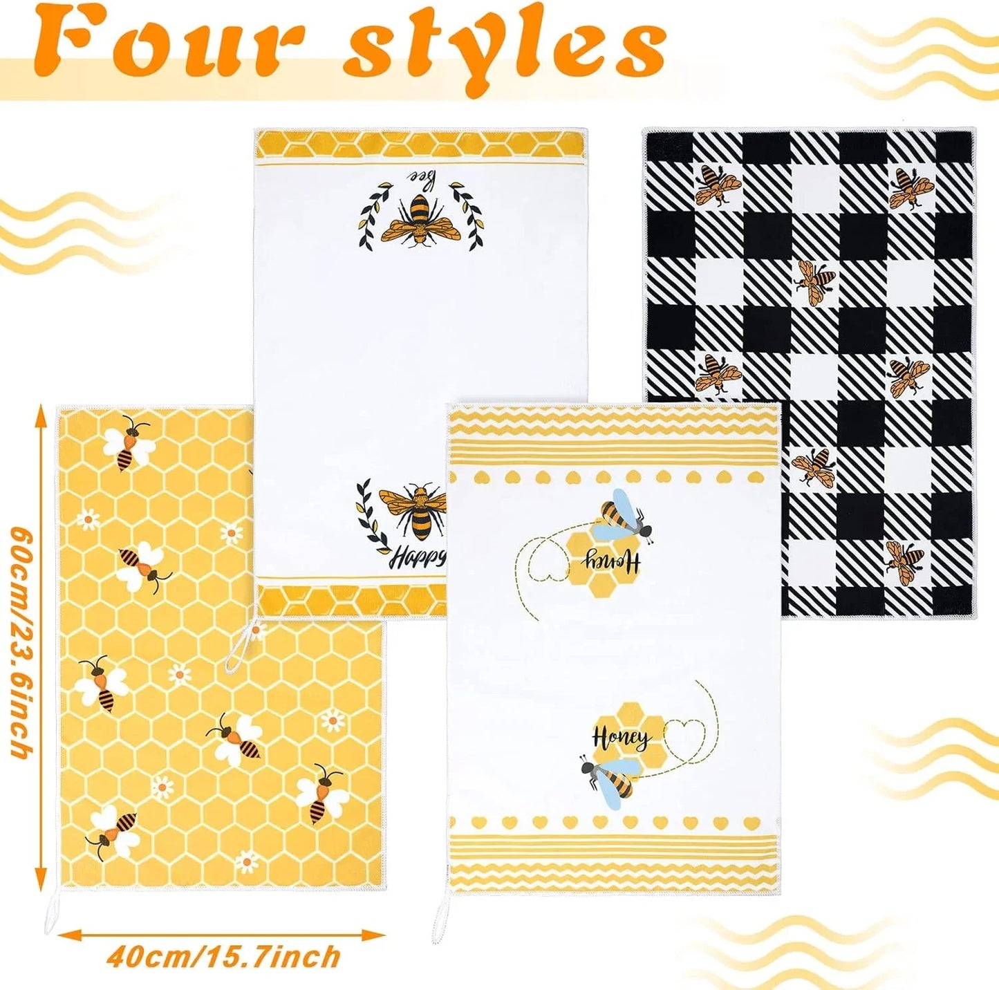 4 Pcs Bee Kitchen Tea Towel Honey Bee Dish Towels Honeycomb Bath Washcloth Hand Polyester Absorbent Cloths Accessories for Kitchen Decor, 16 X 24 Inch(Black Yellow,Honeycomb)