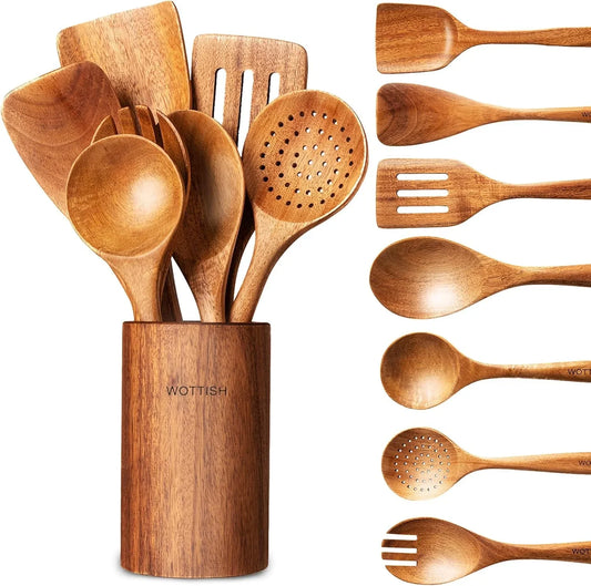 Wooden Spoons for Cooking - 8-Piece Wooden Kitchen Utensil Set Made of Natural Solid Wood Material-Includes Spoons,Spatulas,Ladles,Mixing Spoon and Utensil Holder,Valentine'S Day Gifts