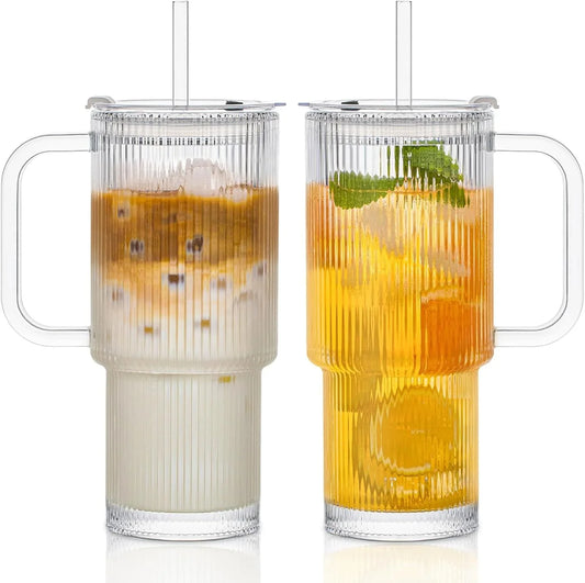 24Oz Ribbed Glass Tumbler with Handle & Lid – 2-Pack Large Iced Coffee Cups with Straws, Modern Glass Mug for Cold & Hot Beverages, Aesthetic Travel Cup for Smoothies, Tea, and Juice
