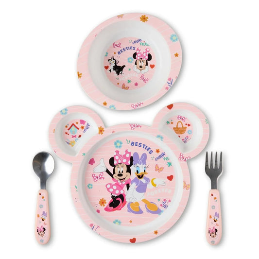 Disney Minnie Mouse Kids Dinnerware Set - Includes Toddler Plate, Bowl, Fork, and Spoon - Baby Led Weaning Supplies - 4 Count- Ages 9 Months and Up