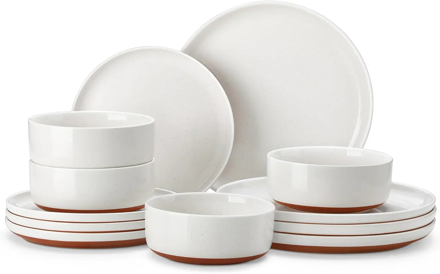 Plates and Bowls Sets, 12 Pieces Modern Stoneware Dinnerware Set for 4 Kitchen Dinner Set Ceramic Dishware Dishes Set Microwave and Dishwasher Safe, White, Series TARA