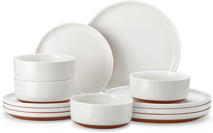 Plates and Bowls Sets, 12 Pieces Modern Stoneware Dinnerware Set for 4 Kitchen Dinner Set Ceramic Dishware Dishes Set Microwave and Dishwasher Safe, White, Series TARA