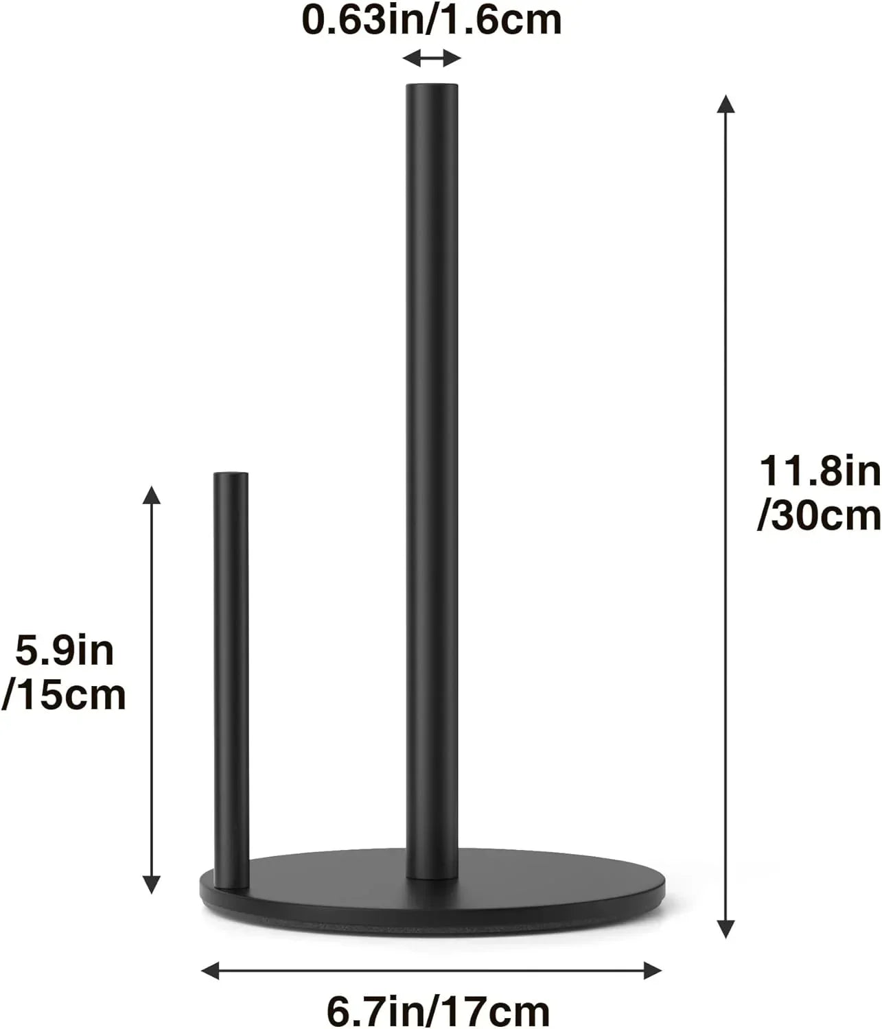 Black two-tier paper towel holder with dimensions for kitchen countertop storage