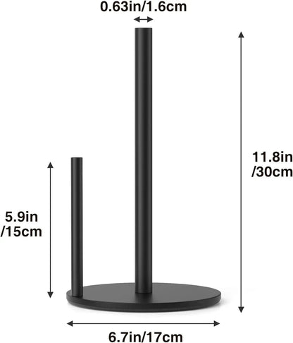 Black two-tier paper towel holder with dimensions for kitchen countertop storage