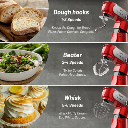 Stand Mixer, 3.5QT+6QT Two Bowls Kitchen Electric Mixer, 600W 6+P Speed Tilt-Head Food Mixer with Stainless Steel Bowl, Dishwasher-Safe Dough Hook, Flat Beater, Wire Whisk, Splash Guard, Red