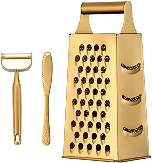 4 Sides Box Grater for Kitchen,Stainless Steel Cheese Grater with Handle,Multi-Function Vegetable Slicer Food Shredder for Chees,Ginger,Vegetables,Dishwasher Safe, Gold
