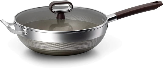 Titanium Wok Pan, 14 Inch Wok with Lid, Non Stick Stainless Steel Woks & Stir-Fry Pans, PFOA/PFAS/PTFE Free, Dishwasher Safe, Home Use for All Stoves,14Inch