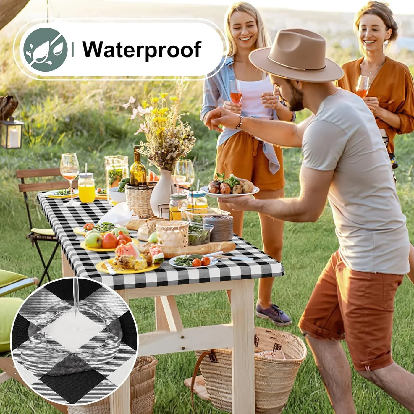 Buffalo Rectangle Picnic Tablecloth, 6 Foot Elastic Fitted Vinyl Table Cloth with Flannel Backing, Waterproof Plaid Table Covers for Dining, Camping, Outdoor (Black and White, 30" X 72")