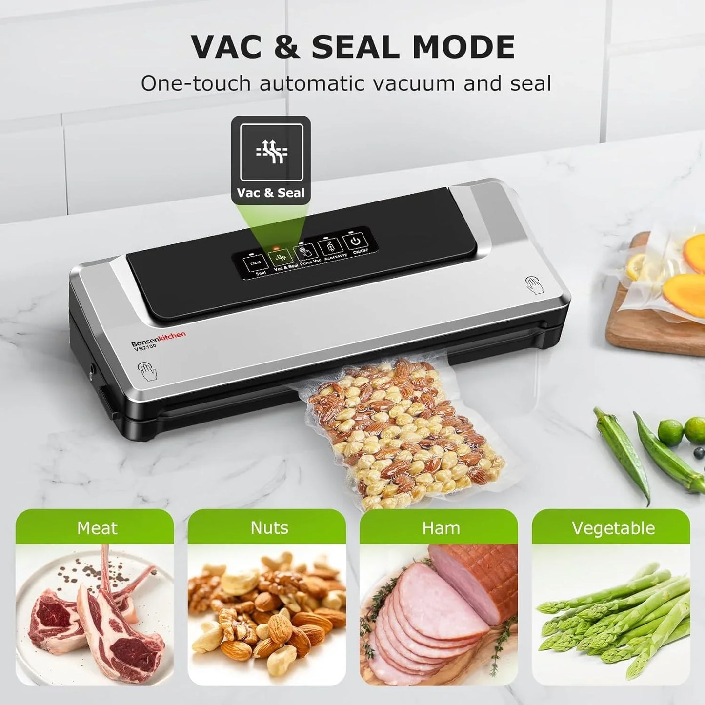 Vacuum Sealer Machine | Compact Food Sealer for Kitchen Storage & Meal Prep | Multiple Modes​​ | External Vacuum System | 5 Bags, Silver​​