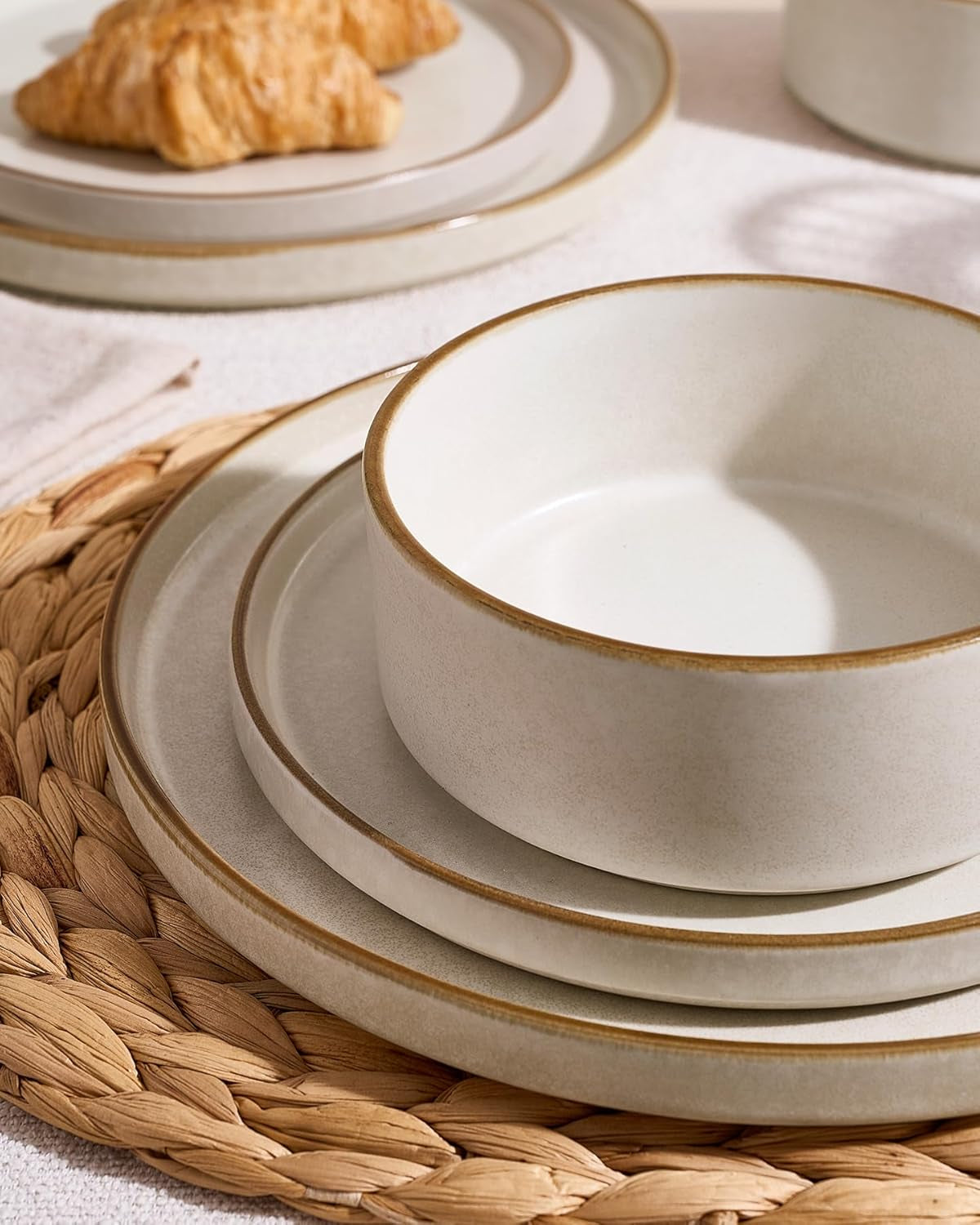 Nebula Plates and Bowls Sets, 12 Pieces Stoneware Dinnerware Sets, Reactive Glaze Dish Set, Dishes Set for 4, Matte Beige White with Brown Rim