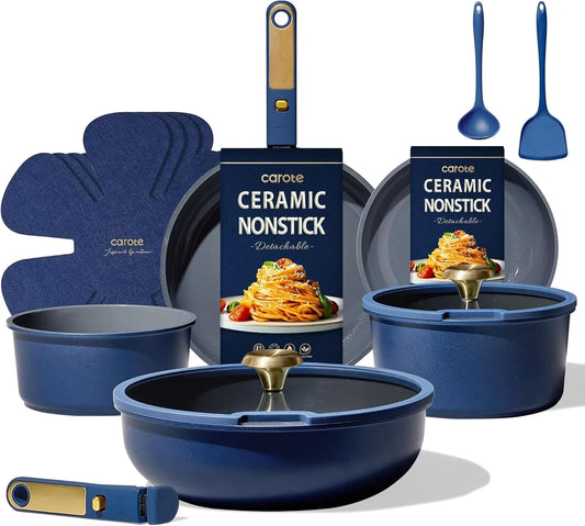 Blue&Gold Ceramic Cookware Set Non Toxic, PFAS Free,15Pcs Pots and Pans Set Non Stick Detachable/Removable Handle,Kitchen Cooking Set Dishwasher Safe, Nonstick Pot and Pan, Induction Cookware