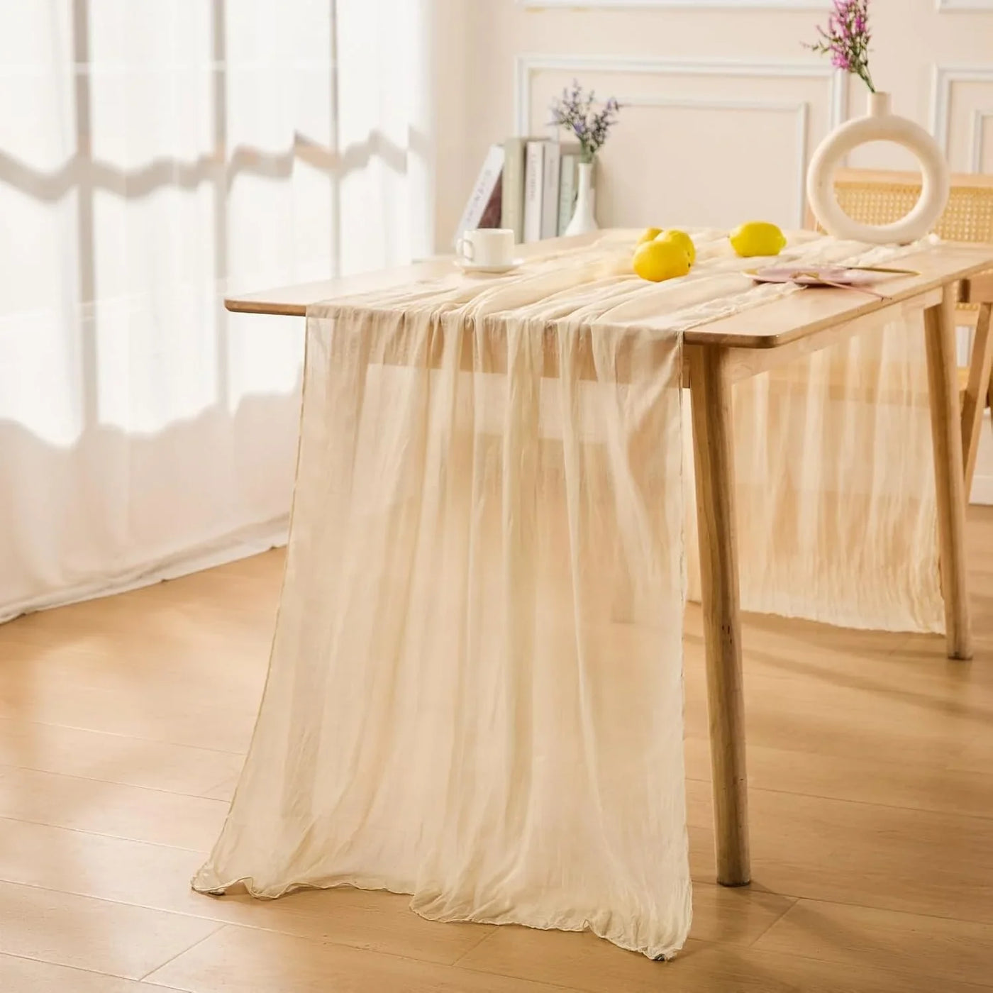 3 Pack Beige Spring Table Runner Boho Cheesecloth Table Runners Bulk 10 Ft Crinkled Gauze Sheer Mother'S Day Table Centerpieces for Wedding Ceremony Anniversary Bridal Baby Shower Banquet