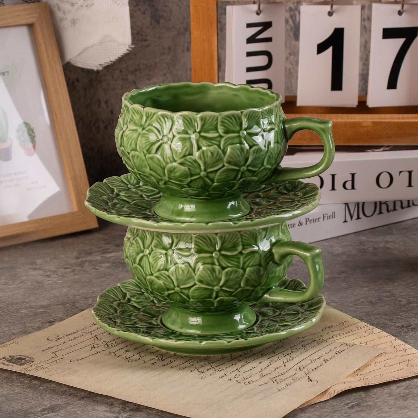 Tea Cups and Saucers Set of 2, Porcelain Coffee Cups, 8.5-Ounce Stackable Espresso Mugs, Ceramic Demitasse for Coffee, Latte, Americano, Tea, Green Flower