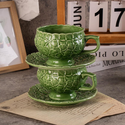 Tea Cups and Saucers Set of 2, Porcelain Coffee Cups, 8.5-Ounce Stackable Espresso Mugs, Ceramic Demitasse for Coffee, Latte, Americano, Tea, Green Flower