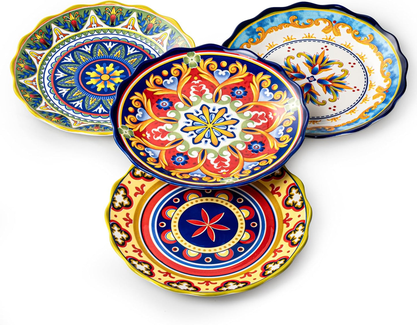 Ceramic Dessert Plate Set of 4, 9 Inch Snack Plates with Scalloped Edges – Serving Dishes for Salad, Cake, Cheese, Vibrant Boho Decoration, Microwave & Dishwasher Safe