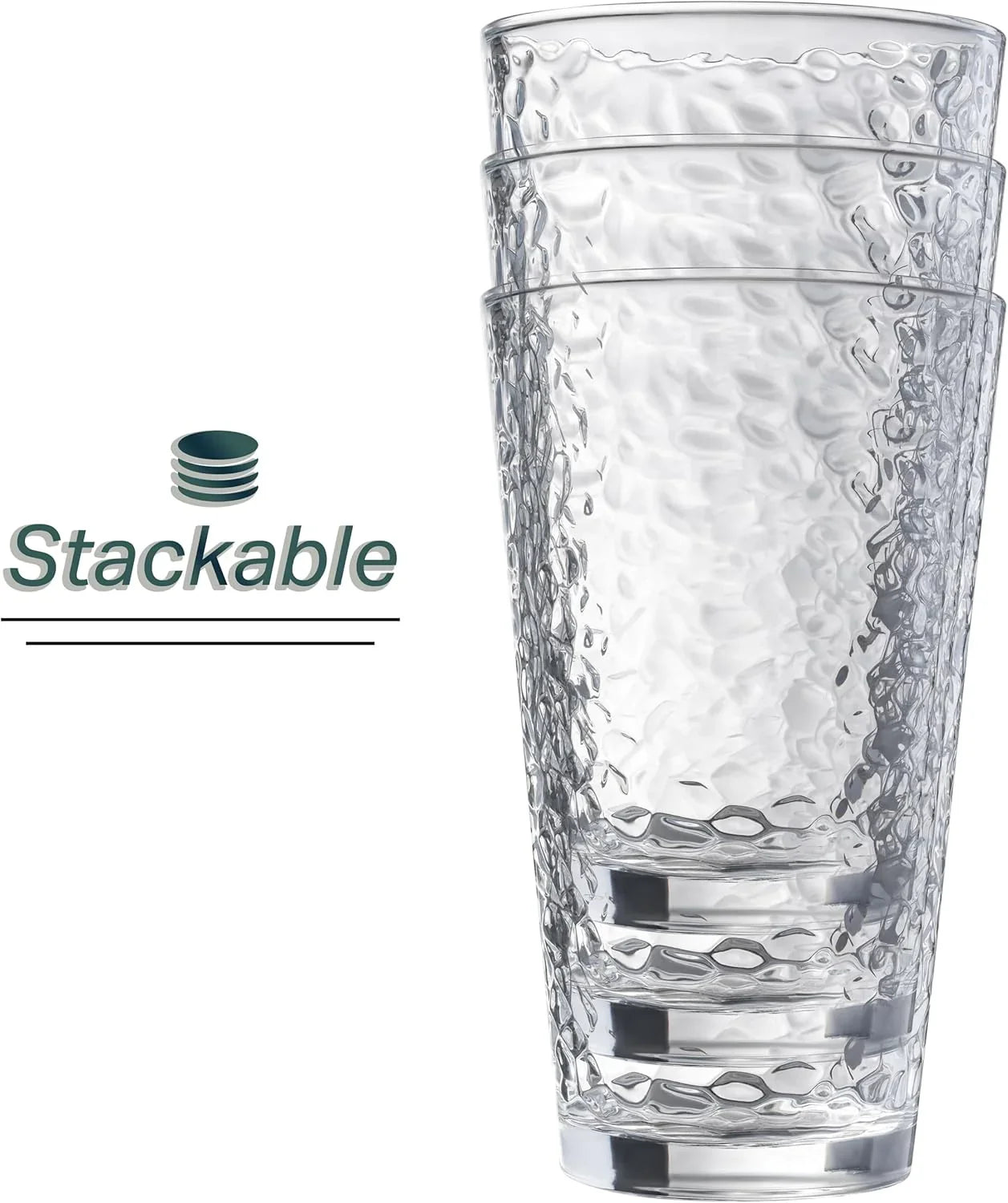 Set of 10 Hammered Glass Cups, 16Oz. Dishwasher Safe Cocktail Drinking Glasses - Clear Heavy Base Stemmed Water Glasses, Tall Beer Glasses, Bar Glass, Juice, Iced Tea, Margarita, & Everyday Drinks.