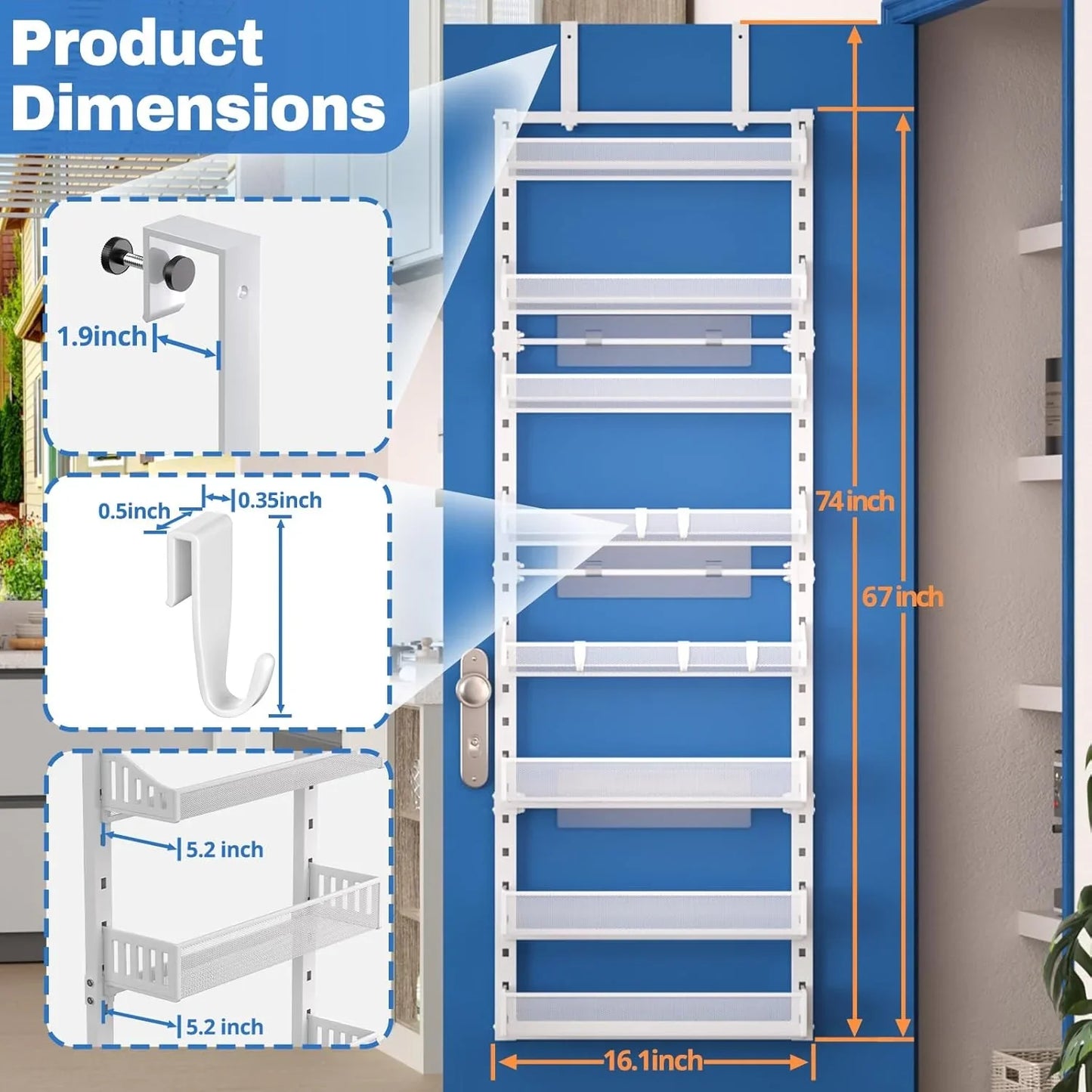8-Tier over the Door Organizer, Heavy Duty Metal Pantry Organizer and Storage with Adjustable Baskets, 2-In-1 Hanging or Wall Mounted Shelf for Kitchen, Bathroom, Laundry Room-Large Spice Rack