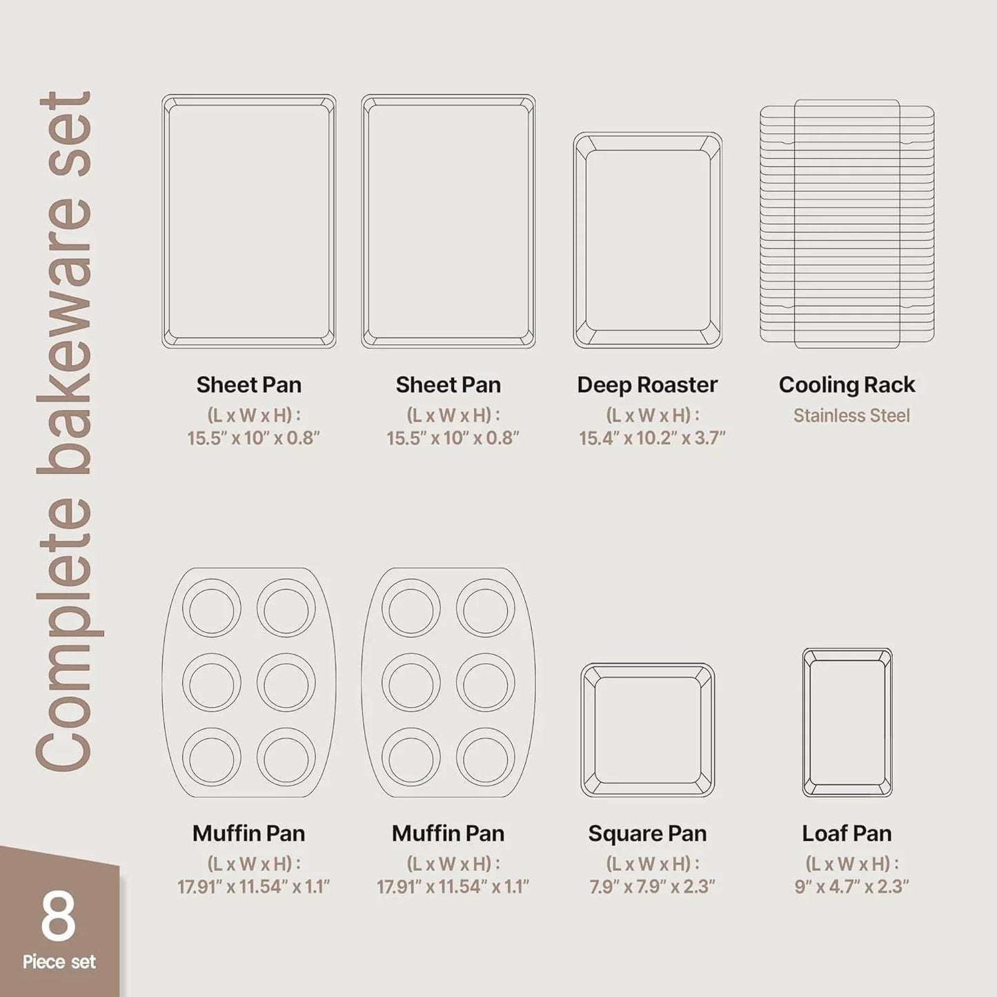 Bakken 8-Piece Stackable Bakeware Set - Ceramic Non-Stick Coating, Baking Sheets, Assorted Baking Pans, PTFE, PFOA & PFOS Free - Healthy Baking, Ergonomic Handles, Cooling Rack, Non-Toxic, Oven-Safe