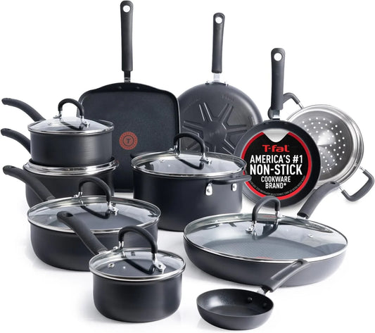 Ultimate Hard Anodized Nonstick Pots and Pans Set 17 Piece, Nonstick Cookware Set with Fry Pan, Saucepans, Saute-Pan, Griddle, Dishwasher Safe, Onyx