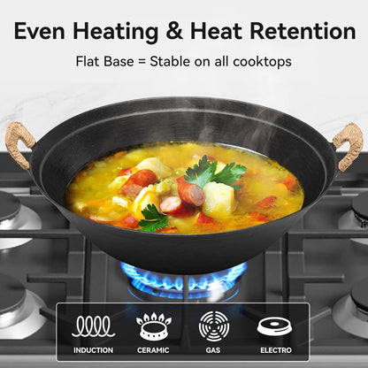 14.2 Inch Cast Iron Wok with Wooden Lid and Iron Spatula, Flat Bottom Double-Handle Chinese Stir Fry Pan, Uncoated Cast Iron Wok for Induction, Gas and Electric Stoves