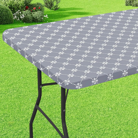 Rectangle Vinyl Table Cloth, Elastic Fitted Tablecloth with Flannel Backing, Waterproof Plastic Table Cover Fits 6 Foot Folding Tables for Picnic, Camping, Indoor and Outdoor (Grey, 30" X 72")