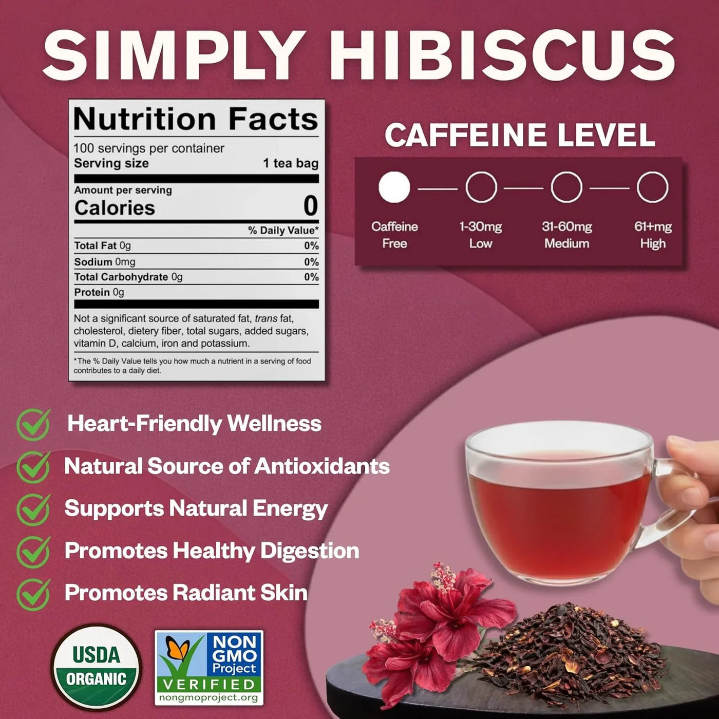 Organic Hibiscus Tea, 100 Count, Eco-Conscious Tea Bags, Caffeine Free, Packaging May Vary (Pack of 1)