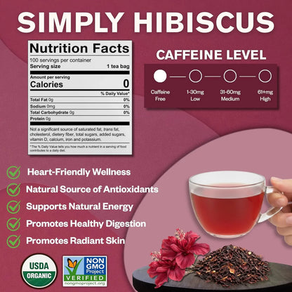 Organic Hibiscus Tea, 100 Count, Eco-Conscious Tea Bags, Caffeine Free, Packaging May Vary (Pack of 1)