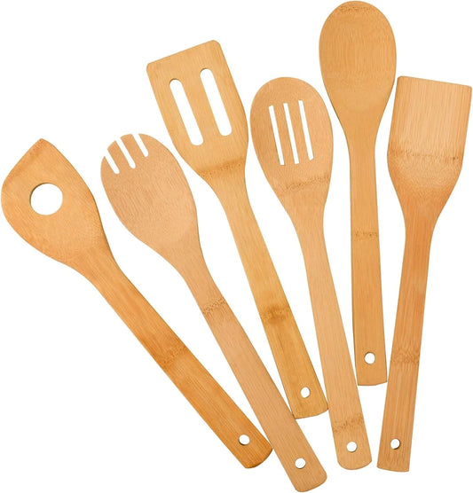 Bamboo Kitchen Utensils, 6 Pcs Nonstick Spatula Tools with Handles, Heat Resistant Spatula Set, Non-Stick Cooking Utensil, Premium Wooden Spoon Sets