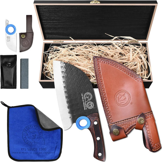 Authentic since 1986,Heavy Duty Large Meat Cleaver,Serbian Chef Butcher Knife with Wooden Box, Leather Sheath, High Carbon Steel Blade, Full Tang Kitchen Knife, Camping Outdoor, Pakkawood Handle