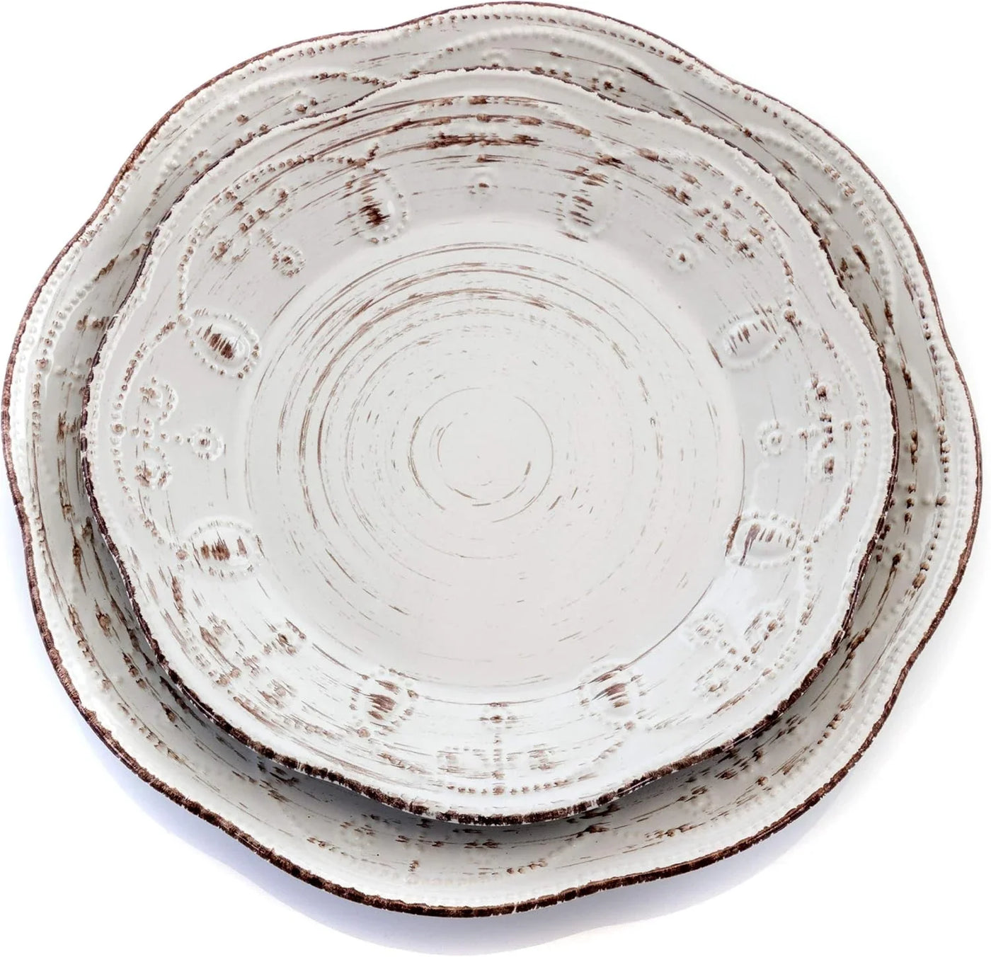 Rustic Birch 16 Piece Embossed Scalloped Stoneware round Dinnerware Set in White with Brown Accents