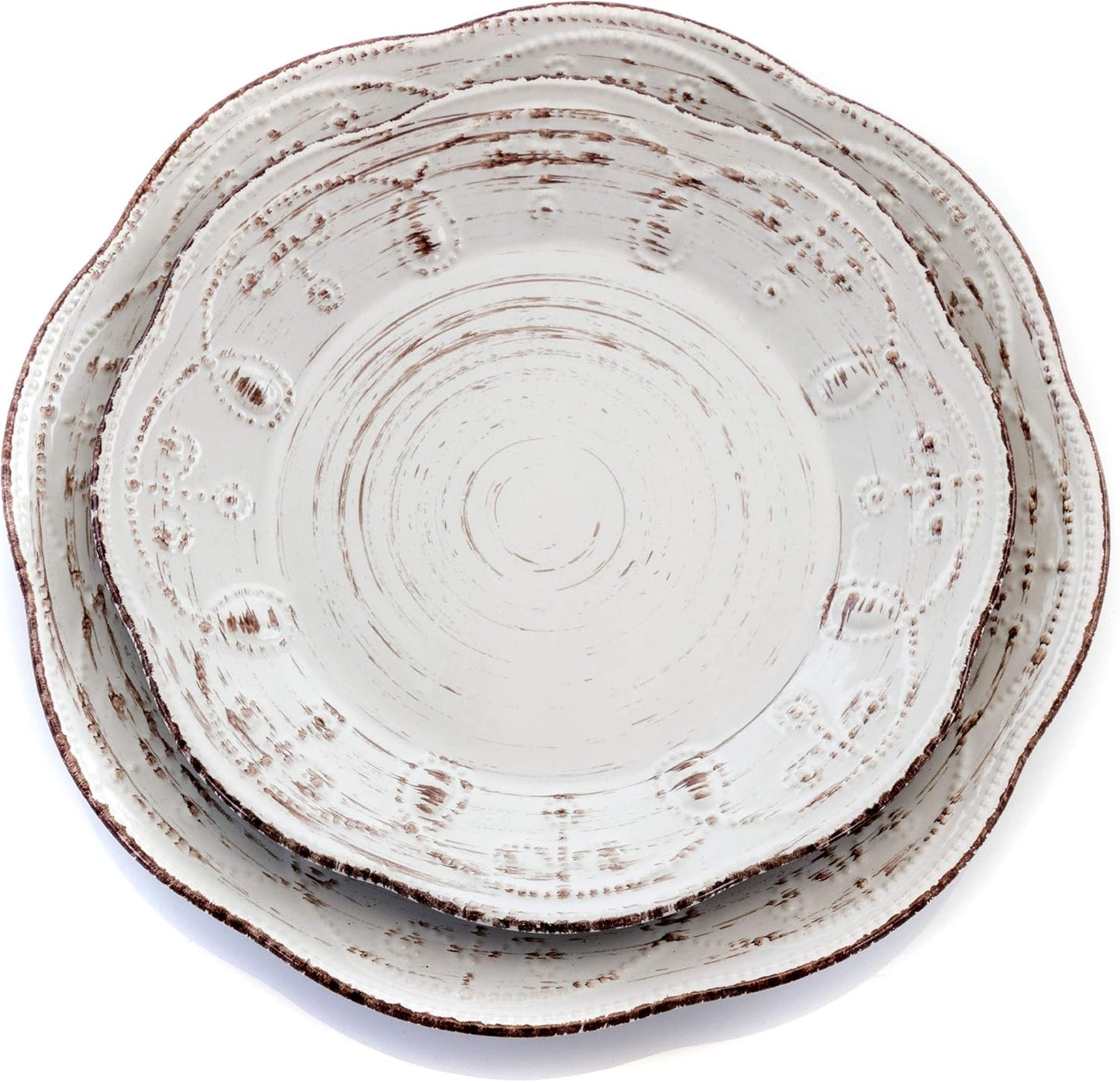 Rustic Birch 16 Piece Embossed Scalloped Stoneware round Dinnerware Set in White with Brown Accents