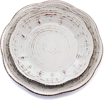 Rustic Birch 16 Piece Embossed Scalloped Stoneware round Dinnerware Set in White with Brown Accents