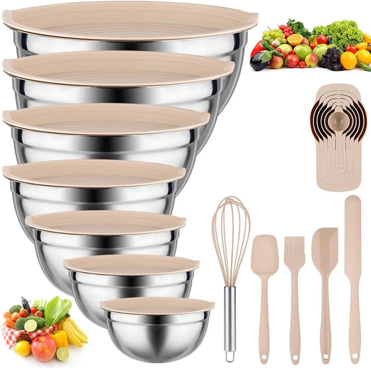 Mixing Bowls with Lids Set - 25 PCS Stainless Steel Nesting Khaki Mixing Bowls Set for Baking,Mixing,Serving & Prepping,Size 5, 3.7, 2.8, 2.3, 1.7, 1.1, 0.7QT, 11 Cooking Utensils