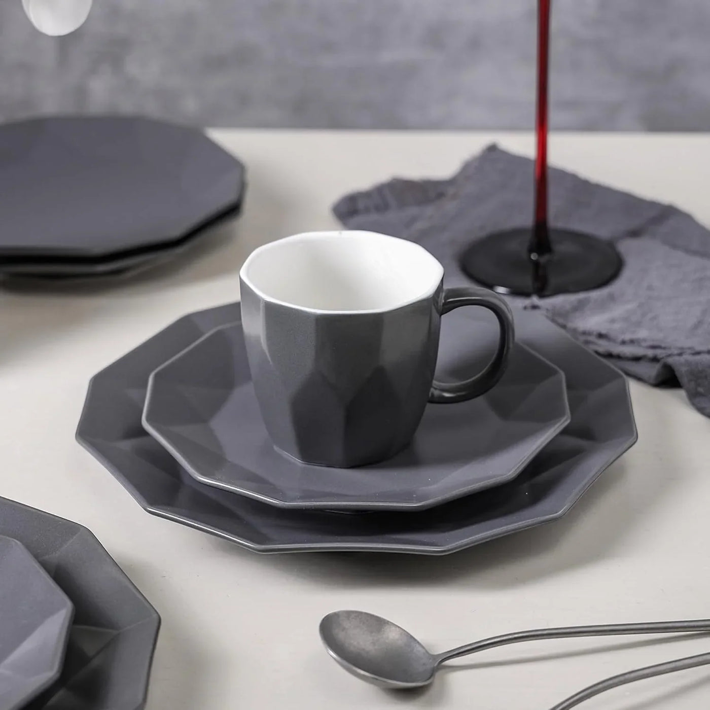Stone + Lain Jamie Porcelain 16-Piece Geometric Dinnerware Set, Grey