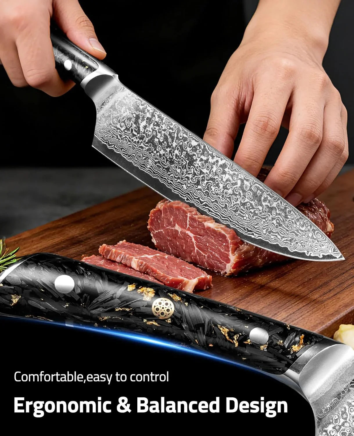 Chef Knife, 8 Inch Damascus Steel with Japanese High Carbon 10Cr15Mov Core, Full Tang Ergonomic Handle for Balance & Control, Razor Sharp Kitchen Utility Knife for Cooking with Sheath & Box