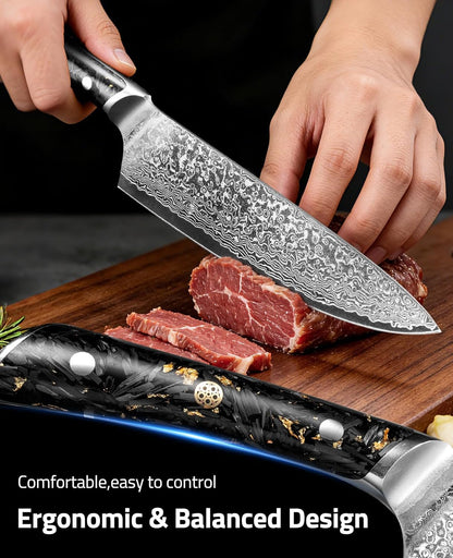 Chef Knife, 8 Inch Damascus Steel with Japanese High Carbon 10Cr15Mov Core, Full Tang Ergonomic Handle for Balance & Control, Razor Sharp Kitchen Utility Knife for Cooking with Sheath & Box