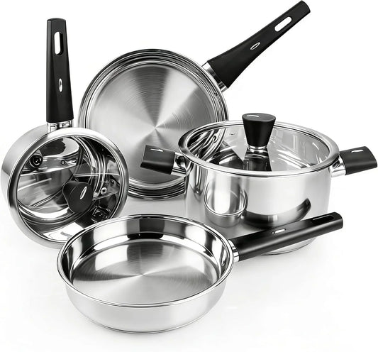 Stainless Steel Pots and Pans Set Non Toxic, 6Pcs Kitchen Cookware Sets with Stay-Cool Handles, Dishwasher Safe&Compatible with All Stovetops(Gas,Electric&Induction)