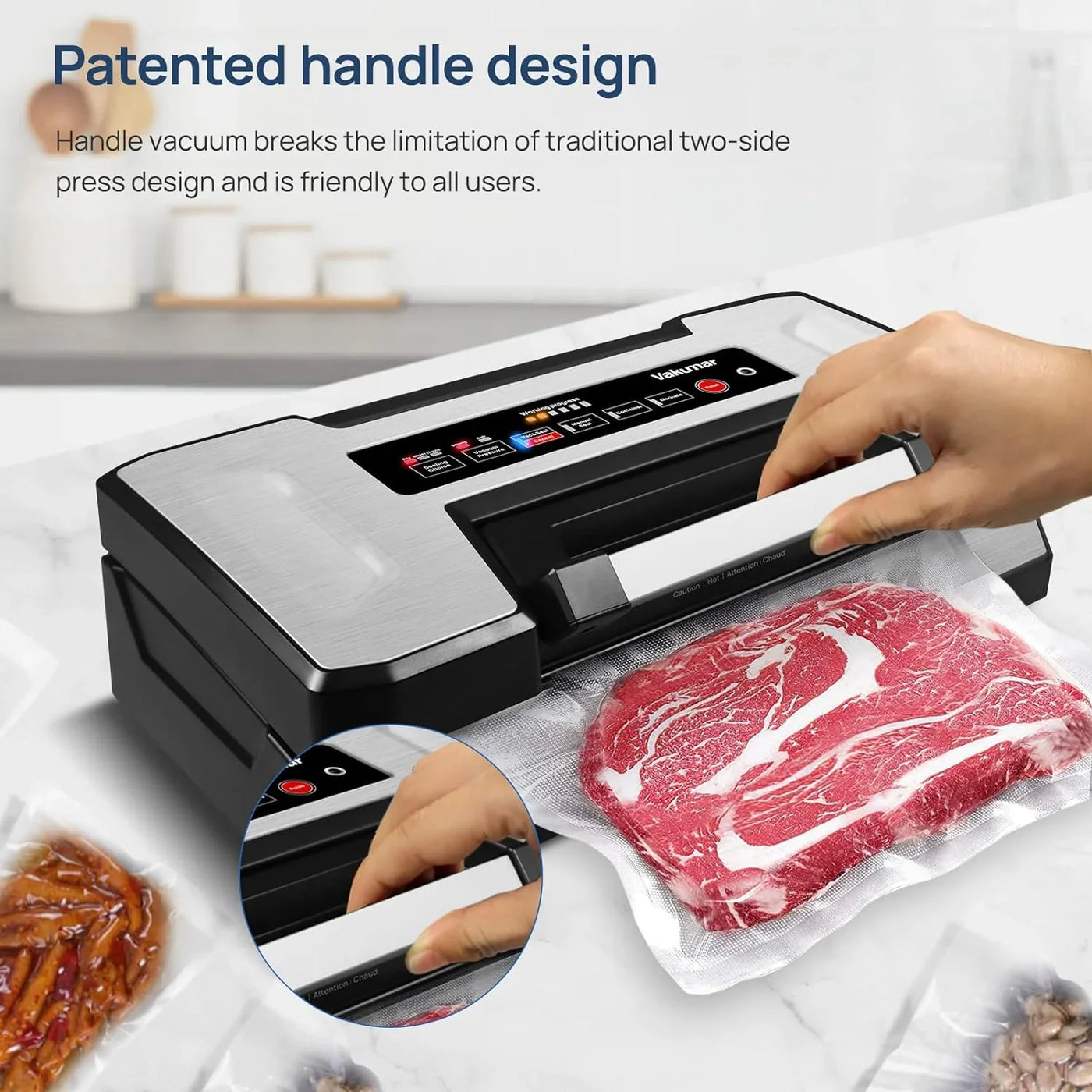 Vacuum Sealer Machine, 90Kpa Liquid Food Vacuum Sealer Machine Preservation Dry/Moist/Liquid Modes, LED Indicator Light, Handle Locked Design, Built-In Cutter and Bag Storage, Starter Kit