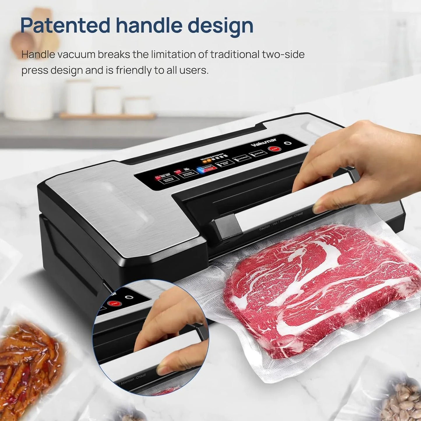 Vacuum Sealer Machine, 90Kpa Liquid Food Vacuum Sealer Machine Preservation Dry/Moist/Liquid Modes, LED Indicator Light, Handle Locked Design, Built-In Cutter and Bag Storage, Starter Kit