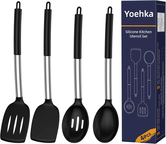 Silicone Cooking Utensils Set for Nonstick Cookware, 4Pcs Heat Resistant Kitchen Silicone Spatula and Spoon Set with Stainless Steel Handle, Mixing, Flipping, Turning, Stirring, Black